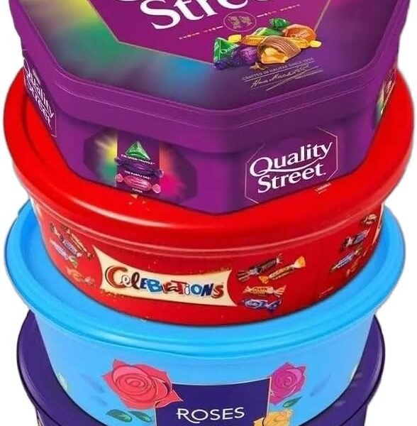 Oscanoltd 4 x Chocolate Tubs ASSORTED PACK 1 EACH Of Celebrations, Heroes, Roses, Quality Street Chocolate Sharing Tub Perfect For Any Occasion Ideal Gifts